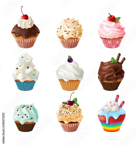 Sweet cupcakes. Realistic homemade desserts, cherry vanilla and chocolate muffins, sugar cakes with cream and berries collection, confectionery 3d colorful vector isolated set
