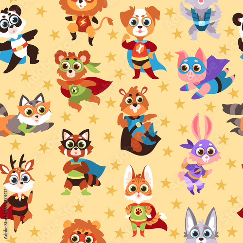 Hero animals seamless pattern. Kids superhero beasts  costume mask characters  comic superpowers creatures and stars. Creative design textile  wrapping paper  wallpaper vector texture