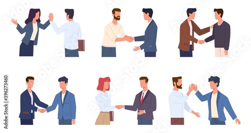 Handshaking people. Greeting male and female characters polite and friendly gestures, men and woman respect and high five, partnership and business etiquette vector flat cartoon set
