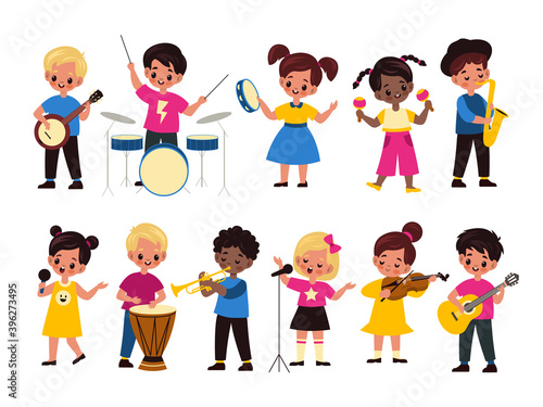 Children music orchestra. Kids music multiracial group, happy girls and boys play instruments and singing. Violin and guitar, drums and saxophone, trumpet and tambourine vector set