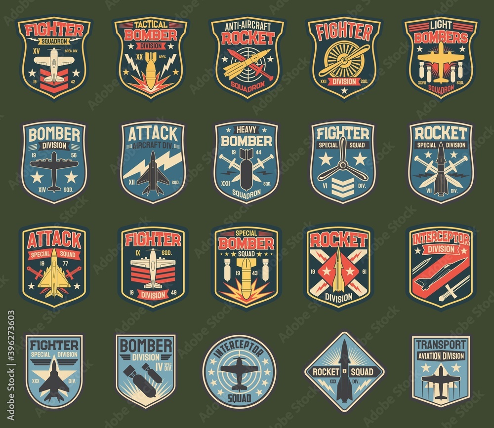 Army chevrons, vector stripes for fighter squadron, tactical, heavy and light bomber division, anti-aircraft rocket. Attack aircraft, special squad, interceptor, aviation transport army insignia icons