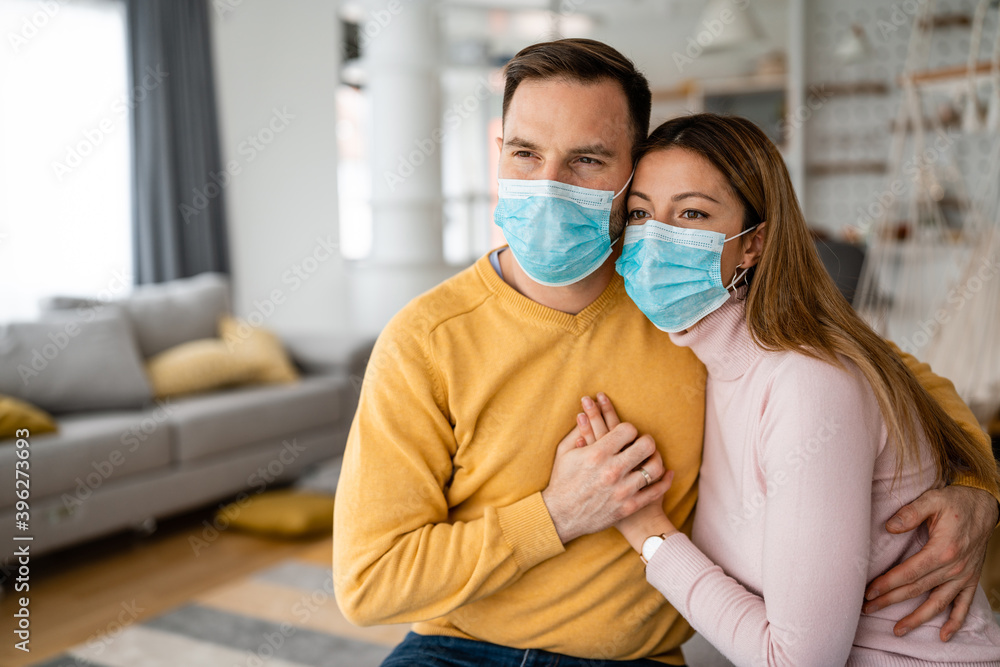 Couple home isolation auto quarantine wearing face mask protective for spreading of disease virus