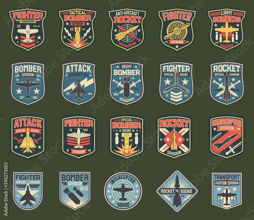Army chevrons, vector stripes for fighter squadron, tactical, heavy and light bomber division, anti-aircraft rocket. Attack aircraft, special squad, interceptor, aviation transport army insignia icons
