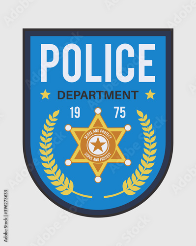 Policeman badge. Police security blue medallion with star shape, military uniform insignia. Sheriff, federal marshal and detective officer clothes label, vector isolated illustration