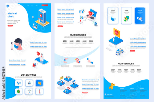 Medical clinic isometric landing page. Medical rehabilitation center, modern hospital corporate website design template. Web banner with header, middle content, footer. Isometry vector illustration.