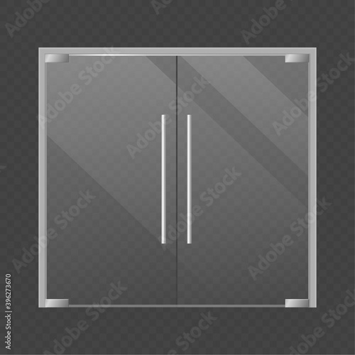 Realistic closed double glass store doors. Modern transparent supermarket, office or boutique, shop or mall front view door, market building exterior object, vector isolated illustration