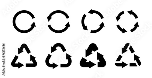 Recycling icon set. Black eco circle and triangles with arrows, emblems for labels collection, packaging reuse ecological symbols, garbage sorting tags templates, vector logo set