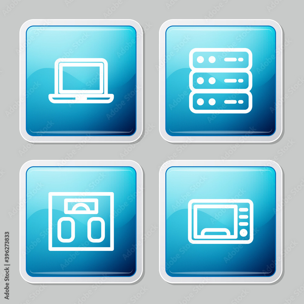 Set line Laptop, Server, Data, Web Hosting, Bathroom scales and Microwave oven icon. Vector. Set line Laptop, Server, Data, Web Hosting, Bathroom scales and Microwave oven icon. Vector.