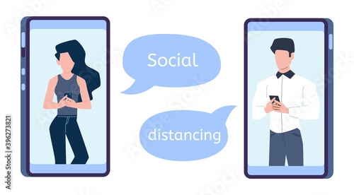 Man and woman chatting. People on smartphone screen video call, virtual meeting, internet communication app, social distancing prevent coronavirus, covid-19 spreading vector concept