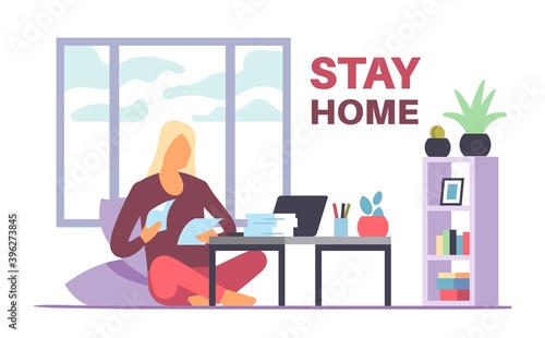 Stay home concept. Woman works at home during coronavirus quarantine, student or freelancer work on laptop, prevention covid-19 pandemic work online concept vector illustration with text