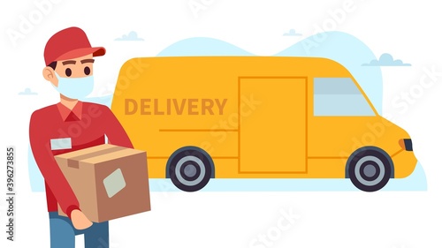 Courier with medical mask. Man holding box, van on background, male character express shipping food, shopping service during covid-19 pandemic vector prevention of coronavirus concept