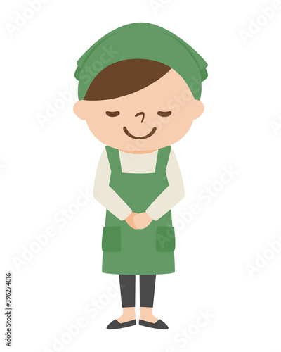 エプロンをした笑顔の女性。お辞儀をして挨拶をしてる女性のイラスト。