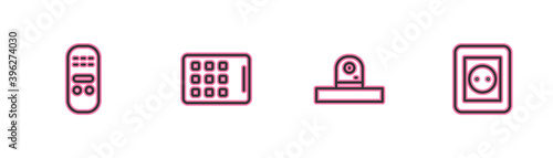 Set line Remote control, Security camera, Graphic tablet and Electrical outlet icon. Vector.