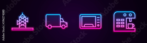 Set line Antenna, Delivery cargo truck, Microwave oven and Coffee machine. Glowing neon icon. Vector.