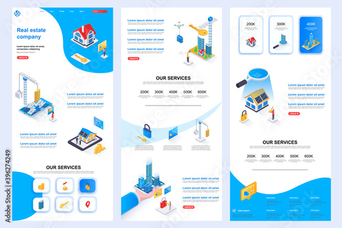 Real estate company isometric landing page. Rental property, buy, sale and mortgage corporate website design template. Web banner with header, middle content, footer. Isometry vector illustration.