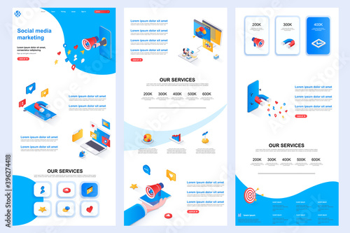 Social media marketing isometric landing page. Marketing strategy, promotion platform corporate website design template. Web banner with header, middle content, footer. Isometry vector illustration.