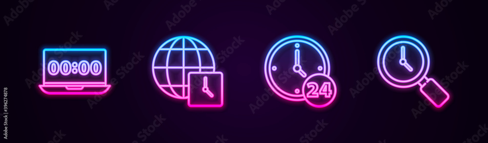 Set line Clock on laptop, World time, 24 hours and Magnifying glass with clock. Glowing neon icon. Vector. Set line Clock on laptop, World time, 24 hours and Magnifying glass with clock. Glowing neon icon. Vector.