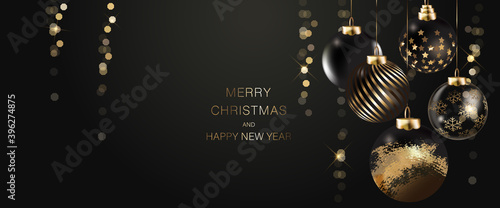black luxury Happy season greeting and new year vector background with Christmas ball deco element 