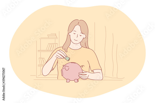 Saving money, piggybank, budget concept. Young positive woman cartoon character putting money into pink piggybank for saving. Collecting money, business, earnings, income
