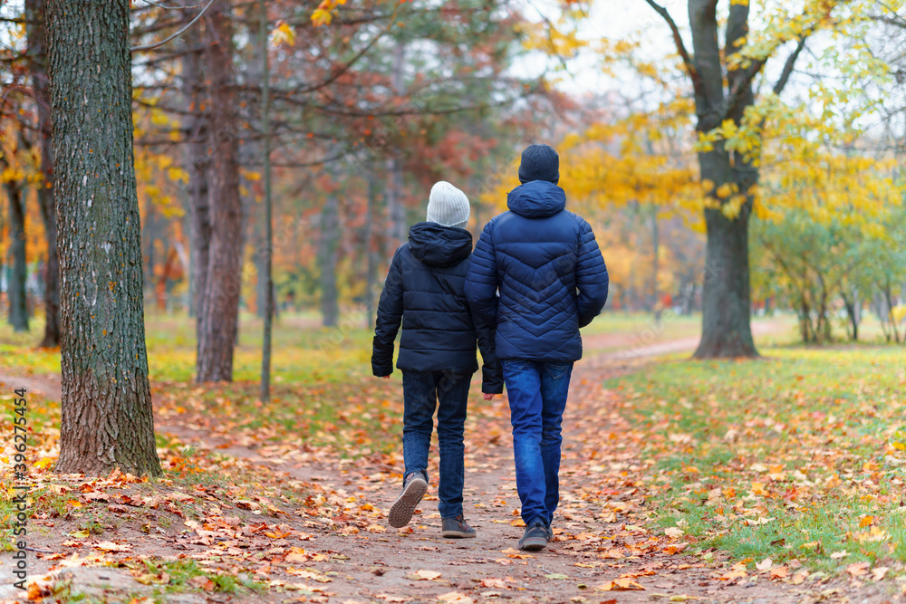 Fototapeta premium teen girl and boy walking through the park and enjoys autumn, beautiful nature with yellow leaves