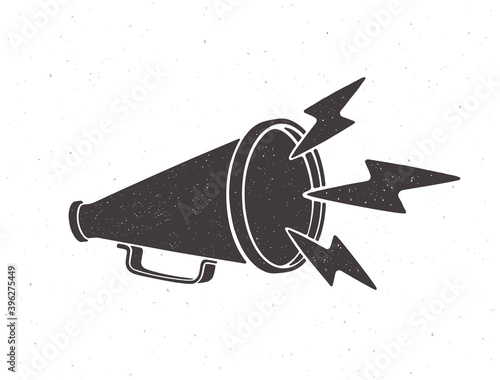 Silhouette of retro megaphone with lightnings symbol of noise. Vector illustration. Hand loud speaker. Voice audio information and sale promotion. Isolated white background