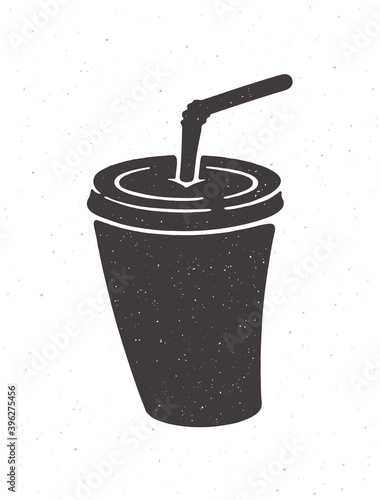 Silhouette of disposable paper cup with soda and straw. Vector illustration. Cartoon glass with carbonated cold drink. Fast food symbol. Clipart for menus, showcases. Isolated white background