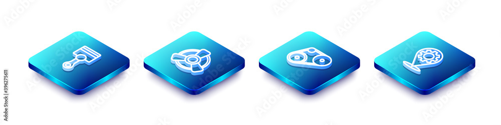 Set Isometric line Engine piston, Car motor ventilator, Timing belt kit and service icon. Vector. Set Isometric line Engine piston, Car motor ventilator, Timing belt kit and service icon. Vector.