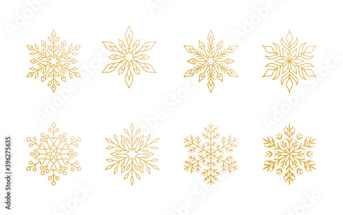 Christmas snowflakes collection isolated on white background. Cute gold gradient snow icons with intricate silhouette. Nice line doodle decorative element for New year banner, cards or ornament