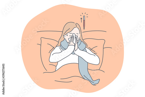Cold, flu, feeling ill and infection concept. Unhappy young girl staying in bed feeling sick, blowing out nose and having high body temperature at home. Influenza, runny nose, virus fever illustration
