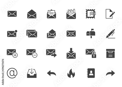 Email flat icons set. Letter, spam mail, open envelope, postage stamp, mailbox, new document minimal glyph silhouette vector illustrations. Simple black solid signs for web interface