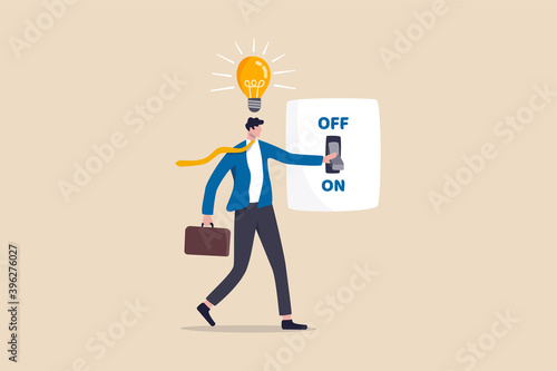 Business idea and solution to solve company problem or innovation and strategy to win business success concept, smart businessman turn on lightbulb switch to lit up idea. photo
