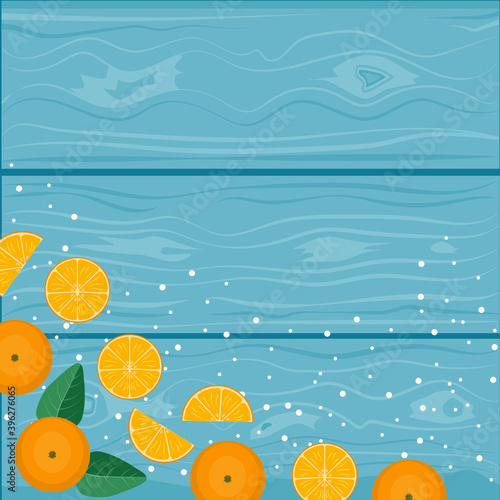 New Year and Christmas background. Orange tangerines on a turquoise wooden background, place for text. Vector illustration
