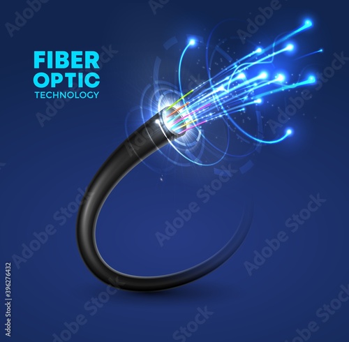Fiber optic cable technology vector design of internet, network, speed data connection and telecommunication. Multi fiber wire with cores in color jackets and blue neon lines, communication networking photo