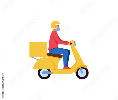 Delivery man courier on a yellow scooter vector illustration