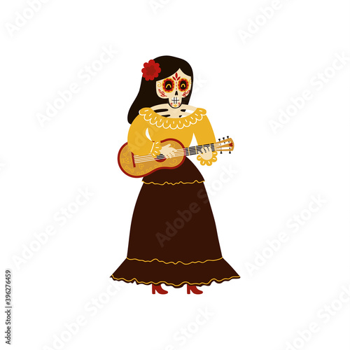 Female mariachi musician skeleton playing a vihuela vector illustration