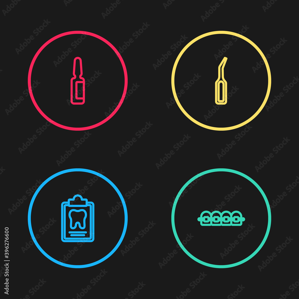 Set line Dental card, Teeth with braces, explorer scaler and Painkiller tablet icon. Vector. Set line Dental card, Teeth with braces, explorer scaler and Painkiller tablet icon. Vector.