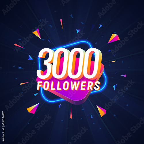 3000 followers celebration in social media vector web banner on dark background. Three thousand follows 3d Isolated design elements