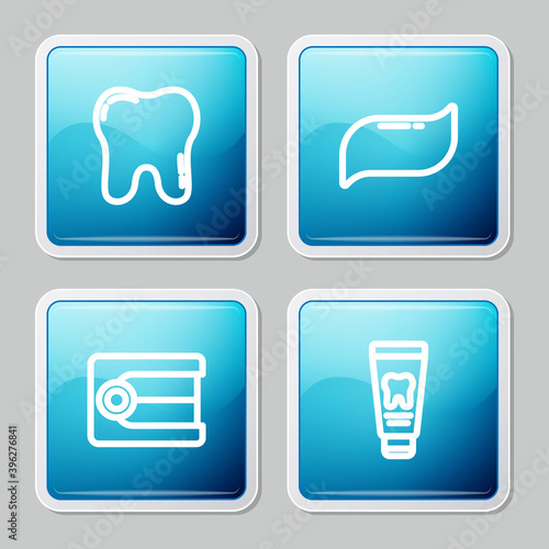 Set line Tooth, Toothpaste, Dentures model and Tube of toothpaste icon. Vector.