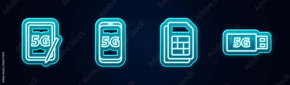 Set line Graphic tablet with 5G, Mobile network, Sim card and modem. Glowing neon icon. Vector. Set line Graphic tablet with 5G, Mobile network, Sim card and modem. Glowing neon icon. Vector.