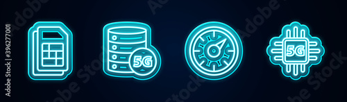 Set line Sim card, Server 5G network, Digital speed meter and Processor. Glowing neon icon. Vector.