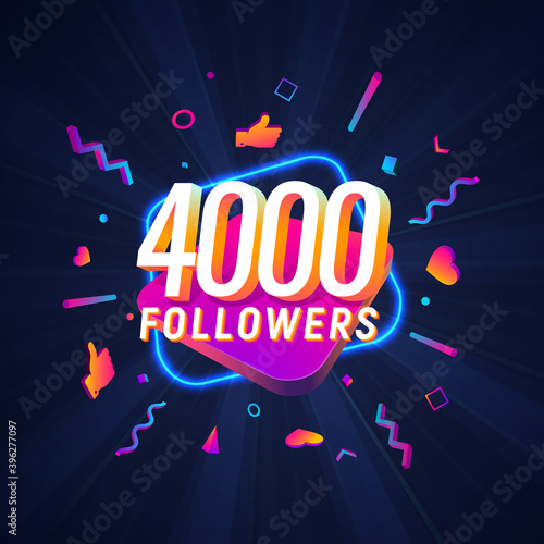 4000 followers celebration in social media vector web banner on dark background. Four thousand follows 3d Isolated design elements