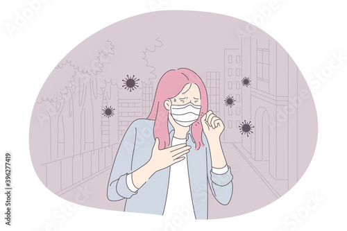 Danger or coronavirus infection epidemic, protective facial mask, pandemic concept. Young woman in medical protective mask coughing and feeling fever in corona bacteria flowing around illustration