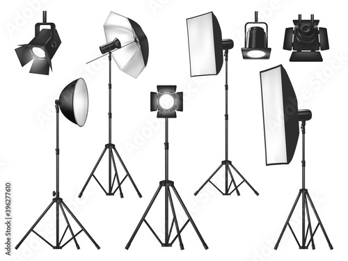 Photo studio lighting equipment and lights isolated vector objects. Realistic 3d spotlights and tripod stands with flash lamp, reflector and softbox, umbrella and floodlight, photographer lighting kit photo