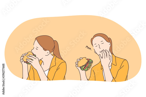 Unhealthy eating, fast and junk food, calories concept. Young positive girl cartoon character enjoying eating fast food hamburger or cheeseburger with hands. Overweight, snack, harmful eating