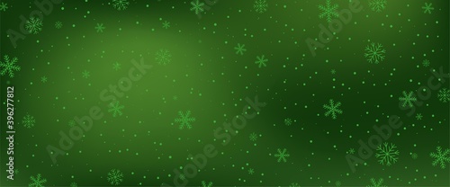 Horisontal green background with snowfall. Snowy winter Christmas and New Year texture decoration. Falling snowflakes