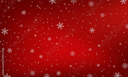 Horisontal red background with snowfall. Snowy winter Christmas and New Year texture decoration. White falling snowflakes