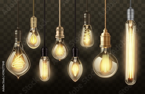 Light bulbs on transparent background realistic vector design. Glowing lamps of hanging filament or incandescent lightbulb, vintage ceiling pendants with warm yellow light, indoor lighting themes