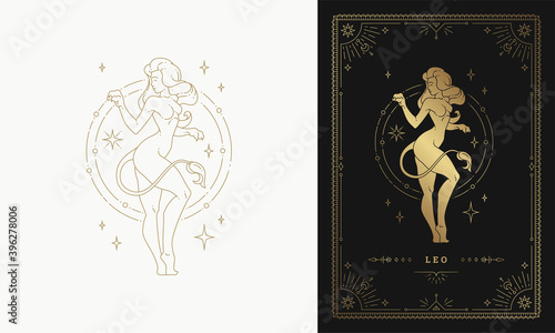 Zodiac leo girl character horoscope sign line art silhouette design vector illustration