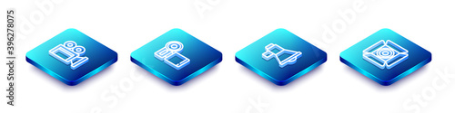 Set Isometric line Cinema camera, , Megaphone and Movie spotlight icon. Vector.