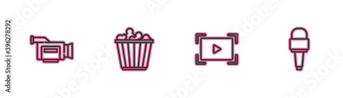 Set line Cinema camera, Online play video, Popcorn box and Microphone icon. Vector.
